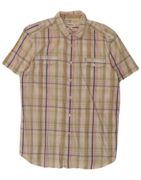 Diesel Mens Short Sleeve Shirt Large Beige Check Cotton