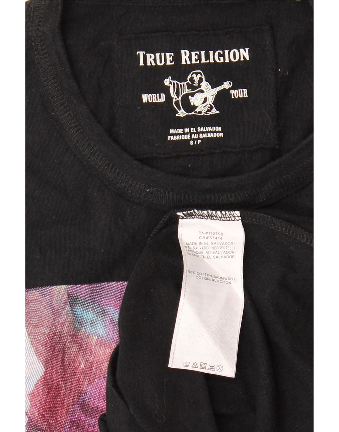 TRUE RELIGION Mens Graphic T-Shirt Top Small Black Floral Cotton