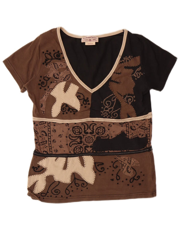 MARLBORO CLASSICS Womens T-Shirt Top UK 12 Medium Brown Paisley Cotton