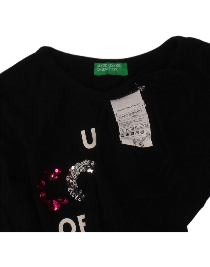 BENETTON Girls Graphic Top Long Sleeve 6-7 Years Small Black Cotton