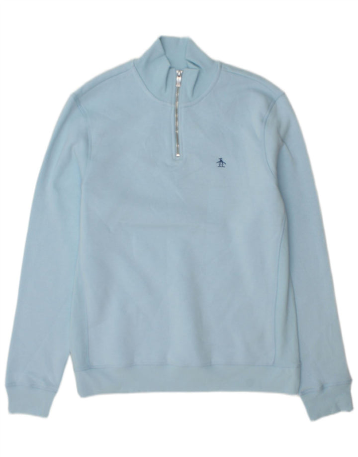 Penguin Mens Zip Neck Sweatshirt Jumper Medium Blue Cotton