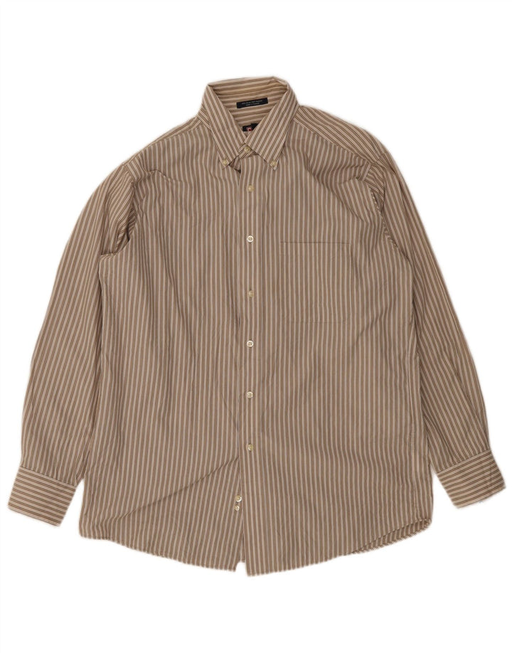 Chaps Mens Shirt Size 15 15 1/2 Medium Brown Pinstripe Cotton