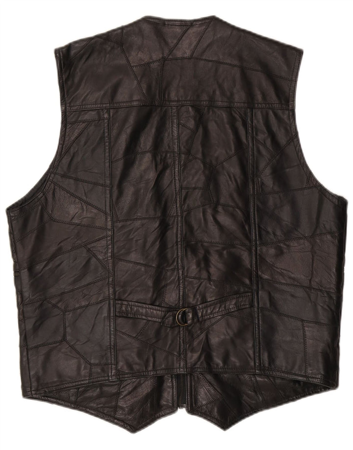 Vintage Mens Leather Utility Gilet UK 38 Medium Black Patchwork