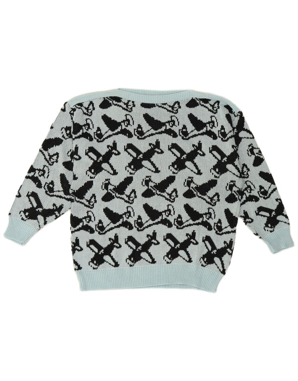 Vintage Womens Abstract Pattern Boat Neck Jumper Sweater EU 40 Medium Blue