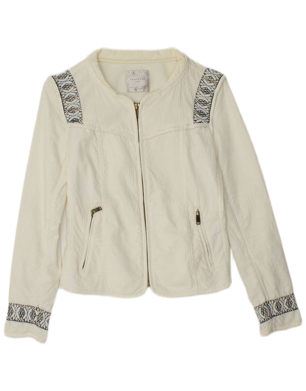 ZARA Womens Crop Oversized Bomber Jacket UK 10 Small Off White Geometric