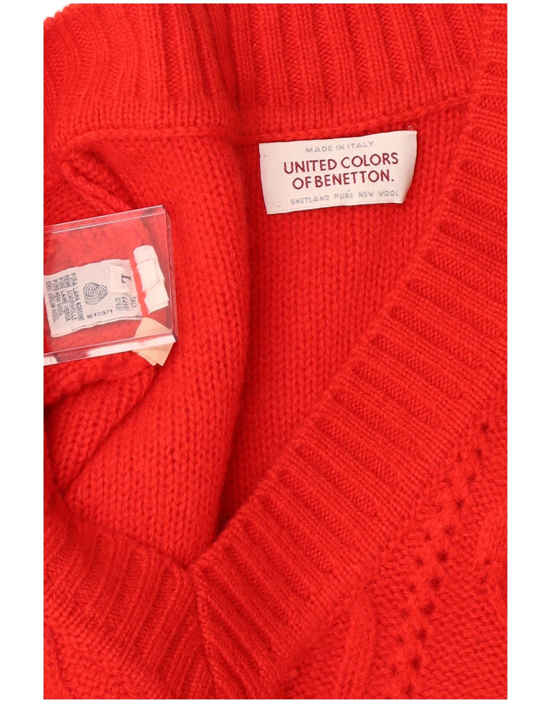 BENETTON Mens V-Neck Jumper Sweater Large Red Virgin Wool