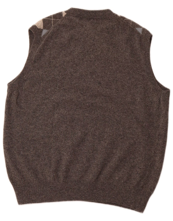 VINTAGE Mens Vest Tank Top Medium Brown Argyle/Diamond Lambswool