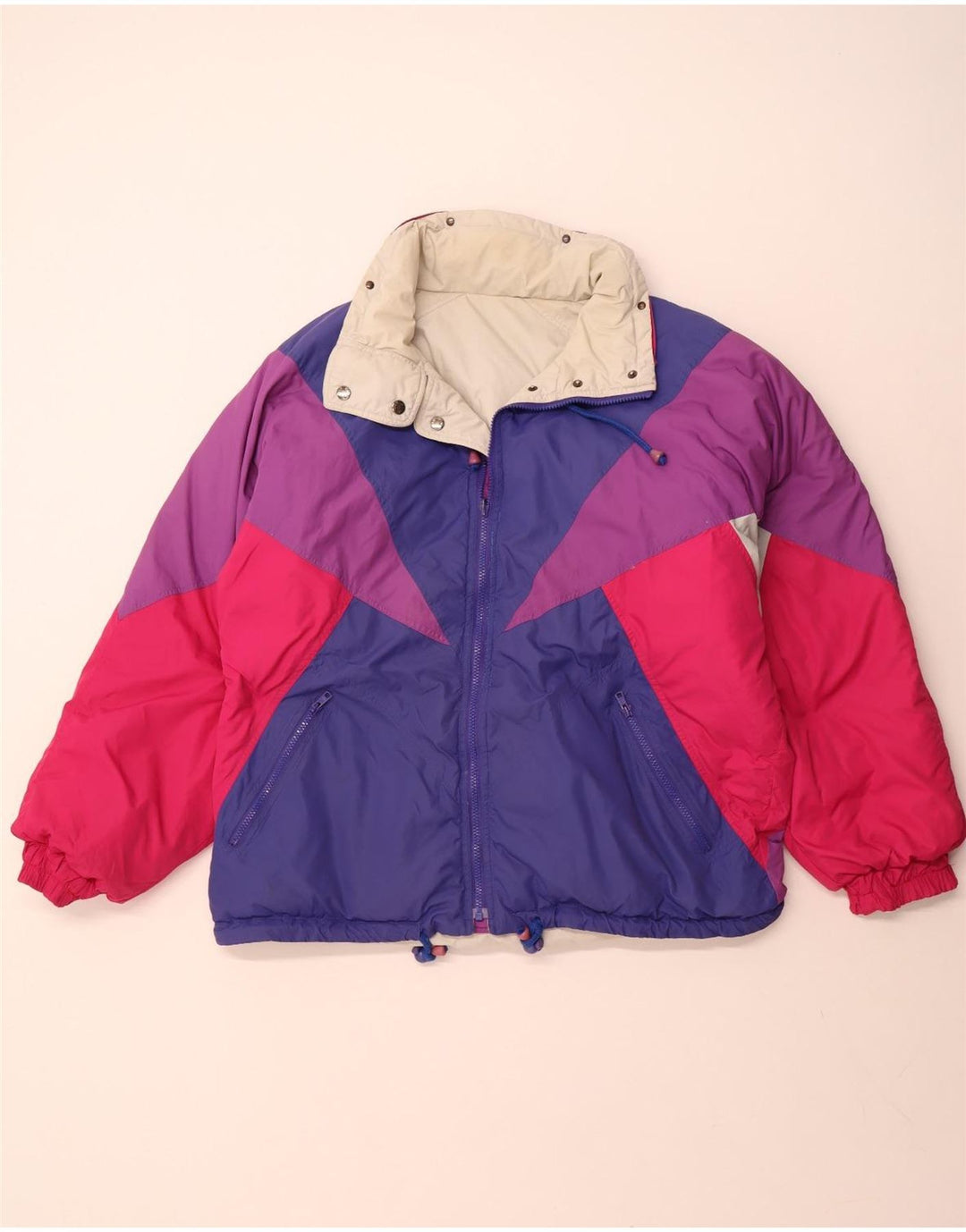 VINTAGE Womens Hooded Reversible Jacket Large Beige Colourblock Polyester