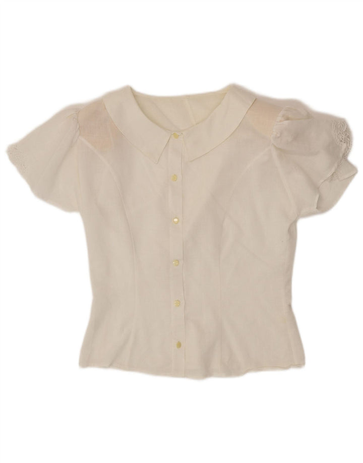 VINTAGE Womens Short Sleeve Shirt Blouse UK 12 Medium White Cotton