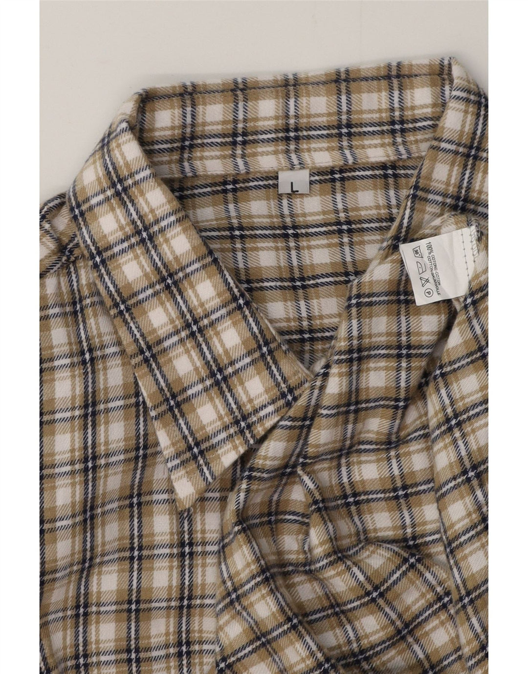 VINTAGE Mens Flannel Shirt Large Beige Check Cotton