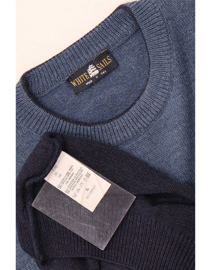White Sails Mens Crew Neck Jumper Sweater Large Blue Fair Isle Wool