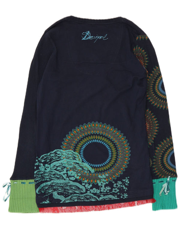 Desigual Womens Graphic Top Long Sleeve UK 12 Medium Navy Blue Geometric