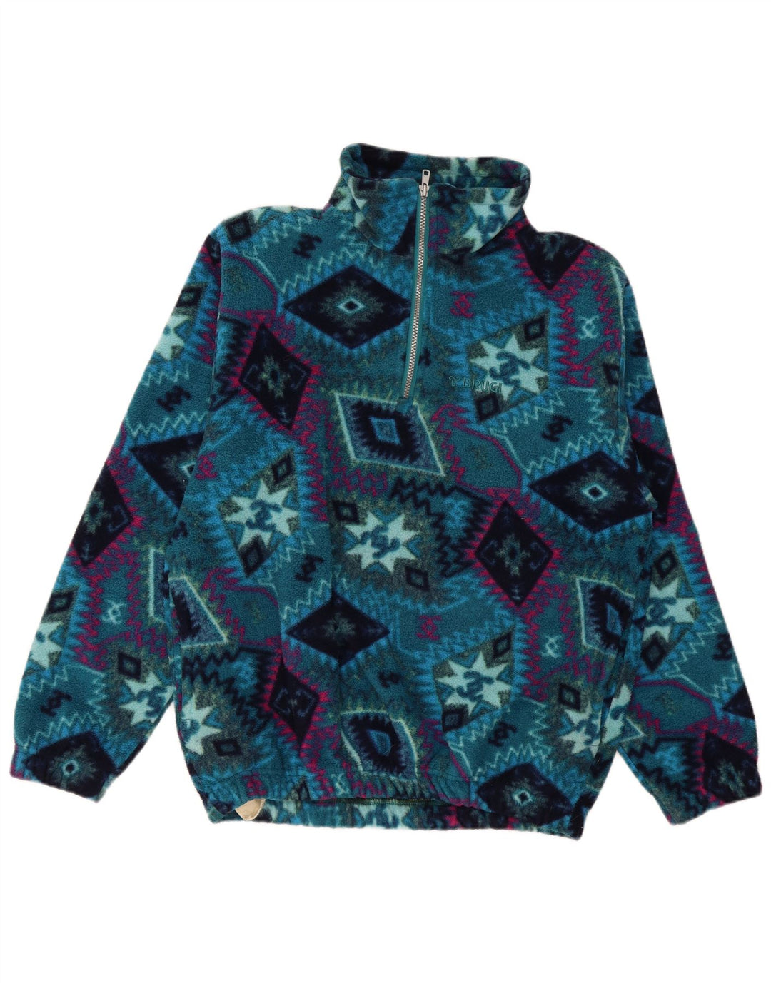 Brugi Mens Zip Neck Fleece Jumper Large Blue Geometric Polyester