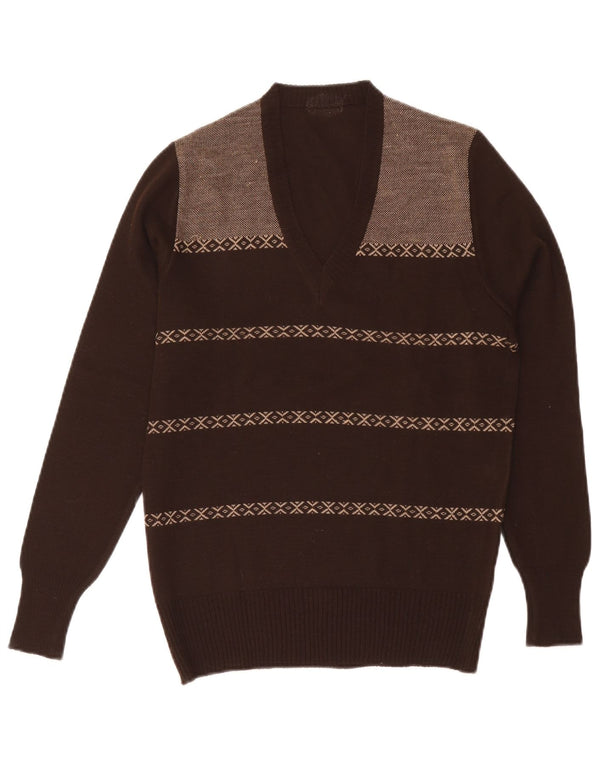 Vintage Mens V-Neck Jumper Sweater Small Brown Fair Isle Acrylic