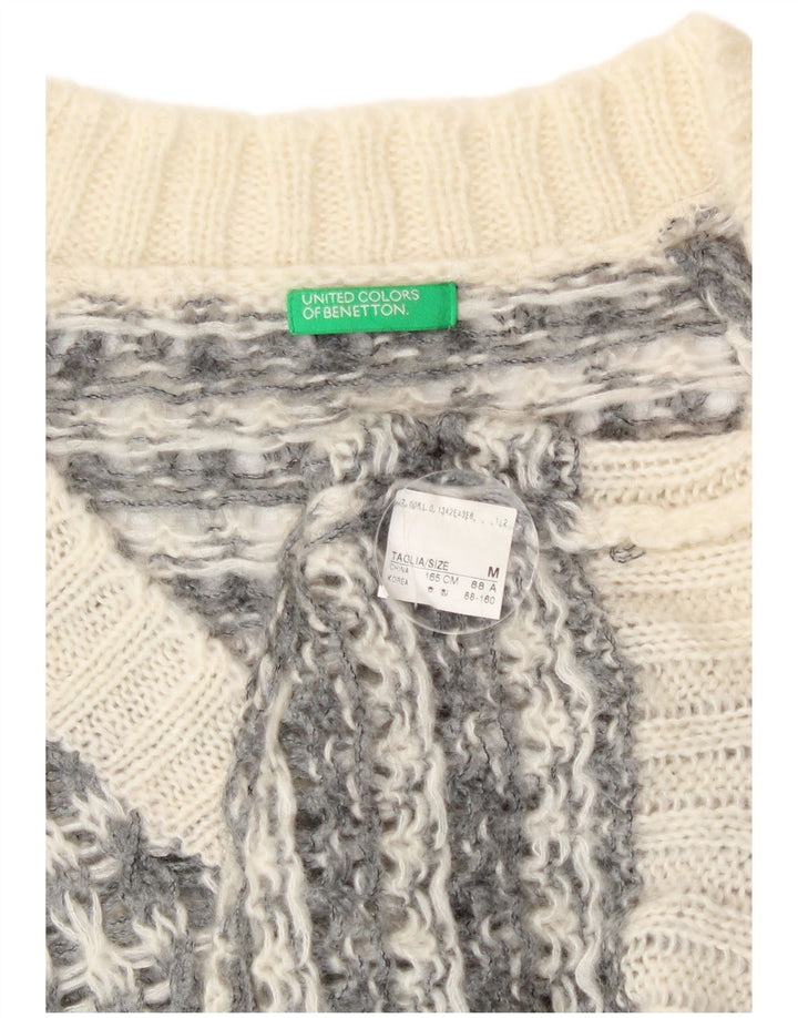 Benetton Womens V-Neck Jumper Sweater UK 14 Medium Grey Houndstooth