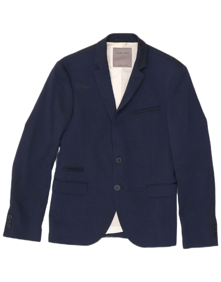 Zara Mens 2 Button Blazer Jacket EU 46 Small Navy Blue Polyester