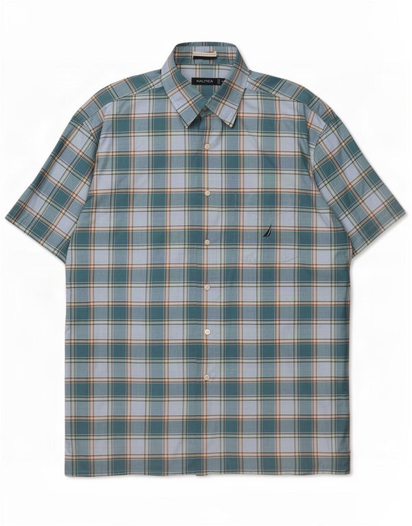 Nautica Mens Short Sleeve Shirt XL Blue Check Cotton