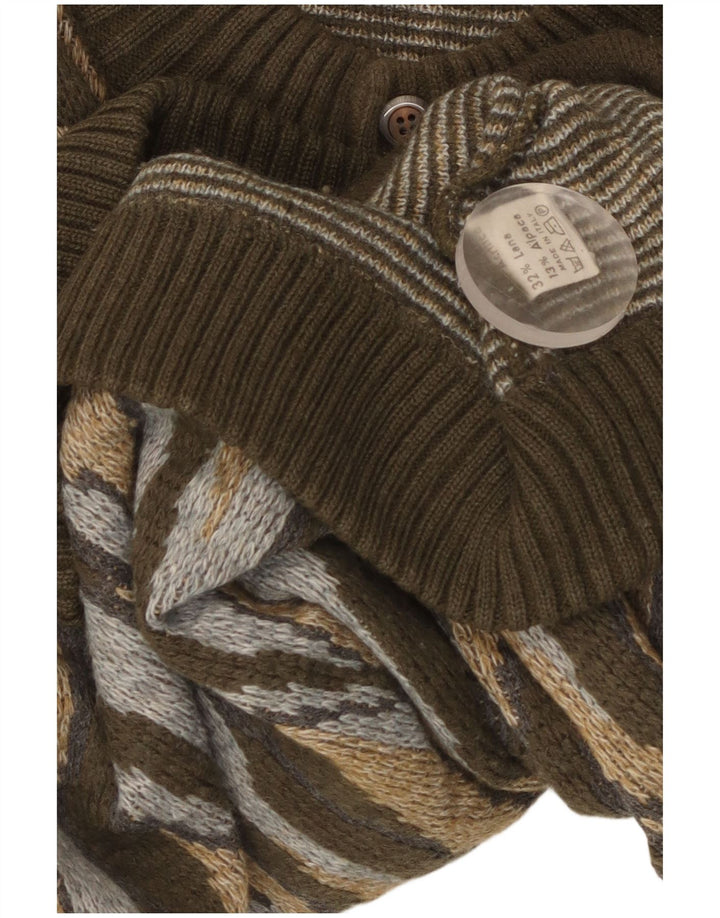 Vintage Mens Cardigan Sweater Large Khaki Striped Acrylic
