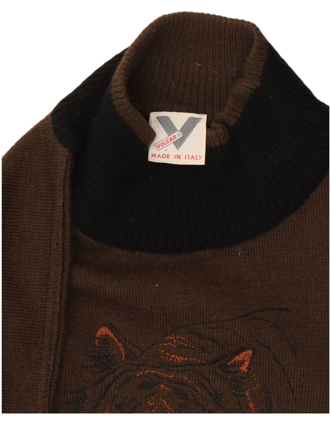 VINTAGE Mens Graphic Turtle Neck Jumper Sweater Small Brown Colourblock