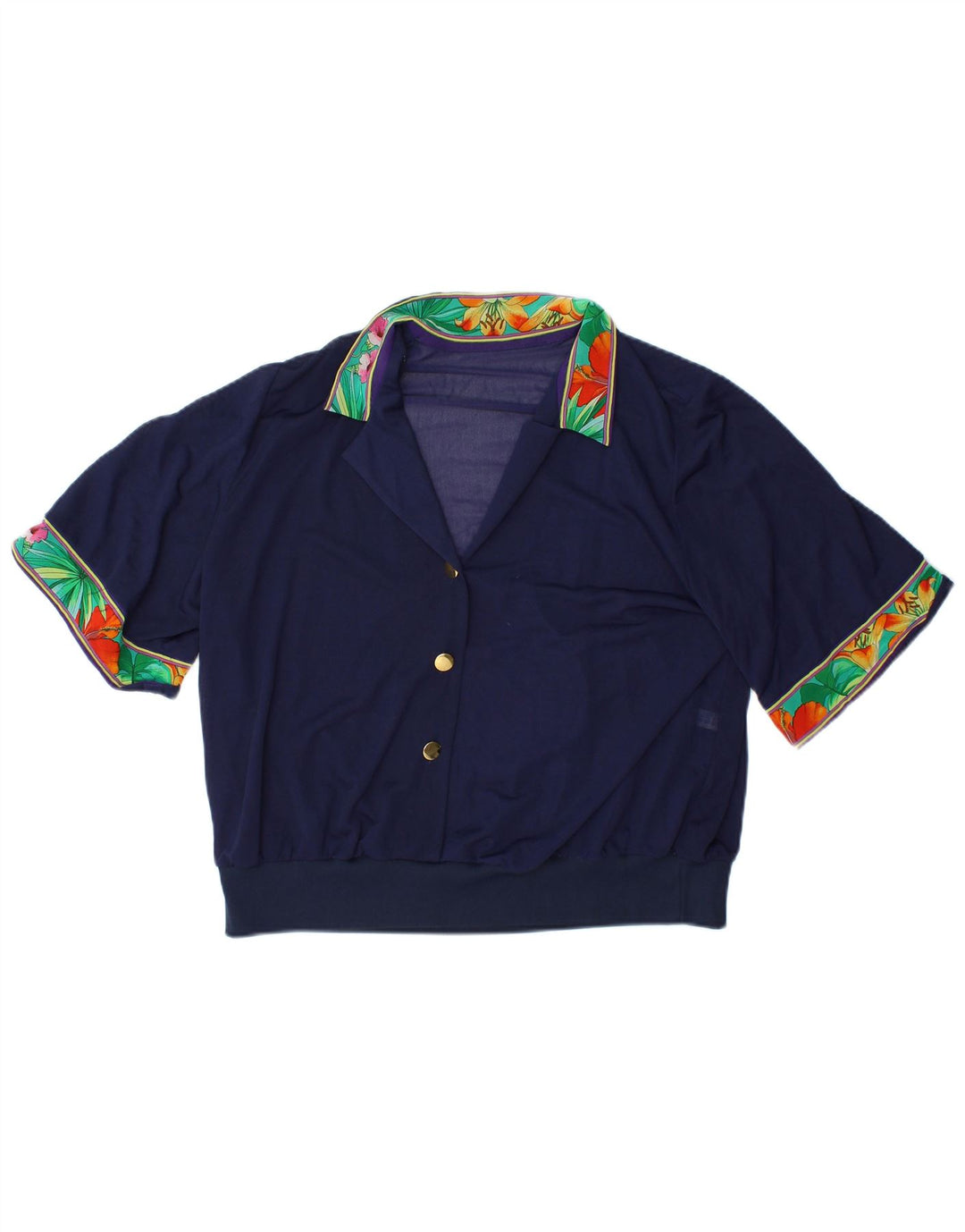 VINTAGE Womens Crop Blouse Top IT 48 XL Navy Blue Floral