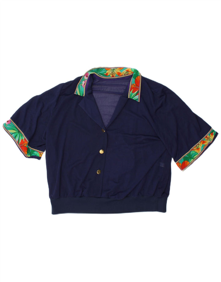 VINTAGE Womens Crop Blouse Top IT 48 XL Navy Blue Floral