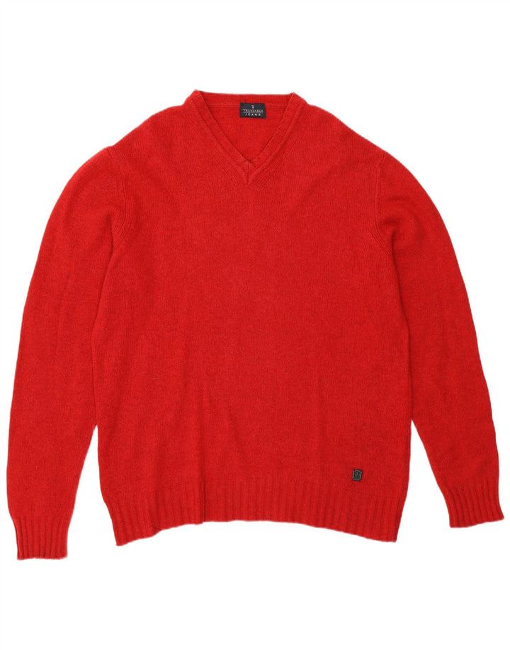 Trussardi Mens V-Neck Jumper Sweater Medium Red Wool