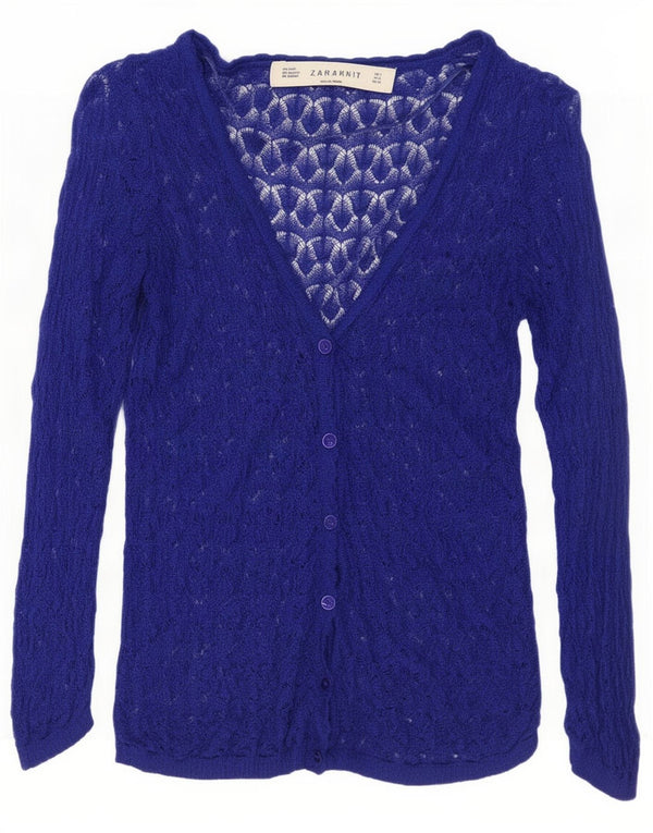 Zara Womens 3/4 Sleeve Oversized Cardigan Sweater UK 10 Small Blue Acrylic