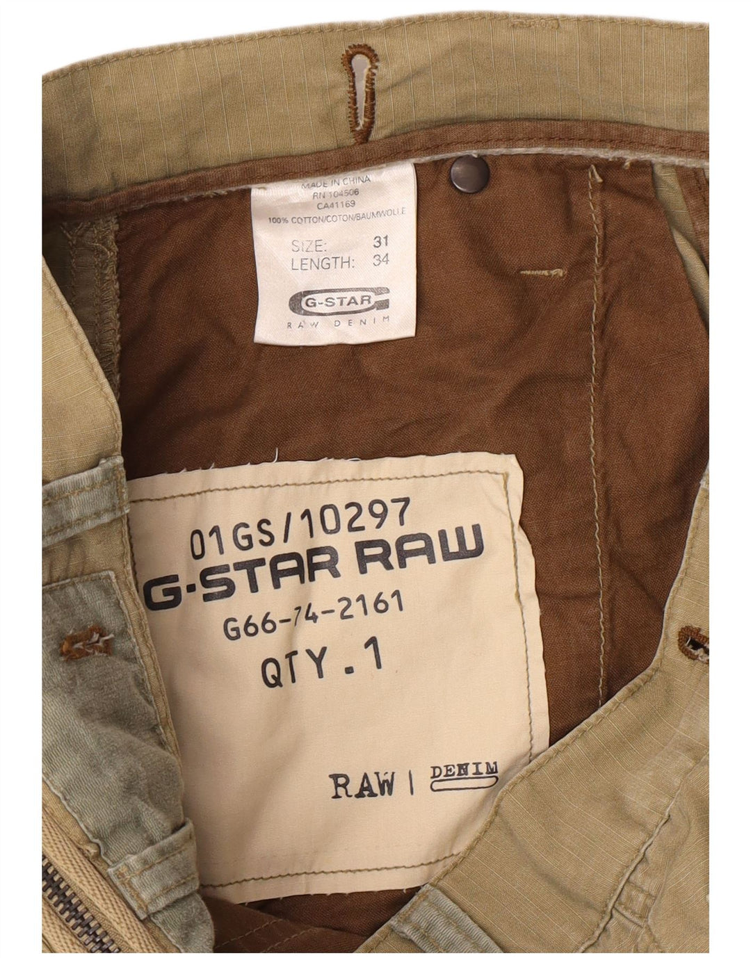 G-STAR Mens Straight Cargo Trousers W31 L34 Khaki Cotton
