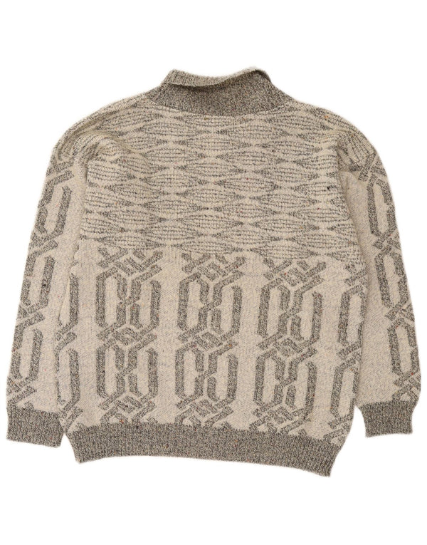 Vintage Mens Shawl Neck Jumper Sweater Small Grey Geometric Acrylic