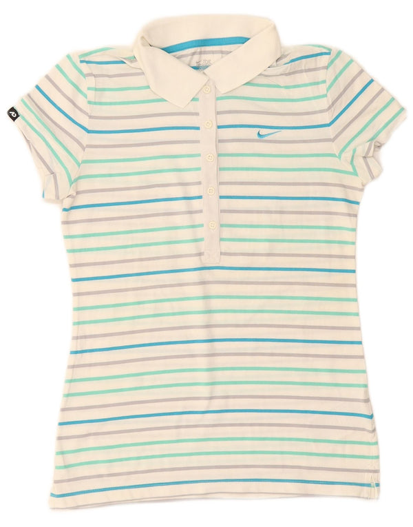 Nike Womens Polo Shirt UK 8/10 Small Off White Striped Cotton