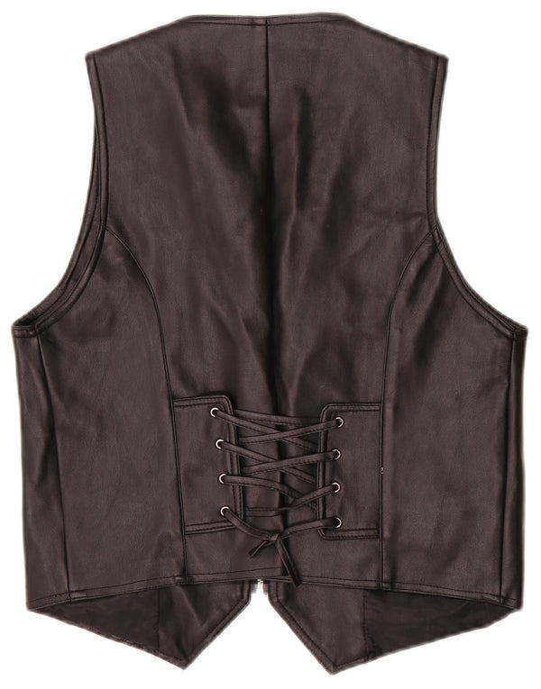 Vintage Womens Leather Waistcoat UK 20 2XL Black