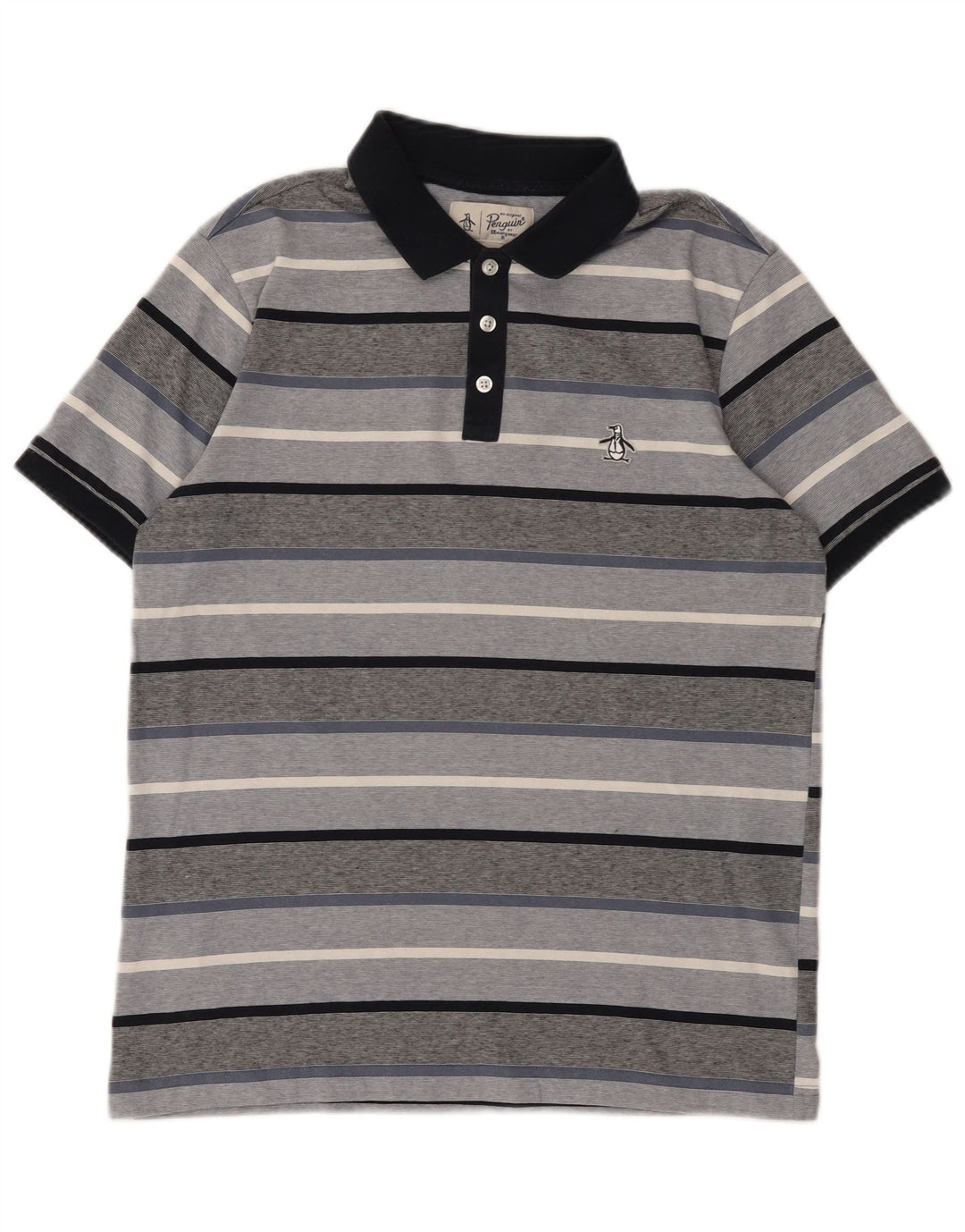 Penguin Mens Polo Shirt Medium Grey Striped Cotton
