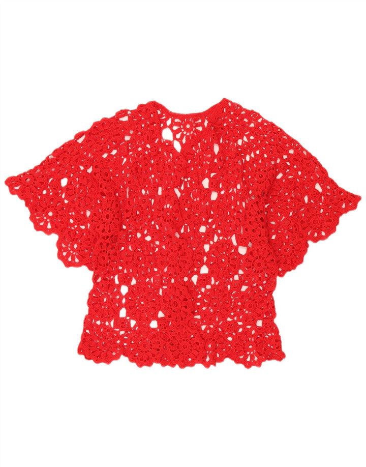 VINTAGE Womens Short Sleeve Crochet Cardigan Top UK 12 Medium Red Floral