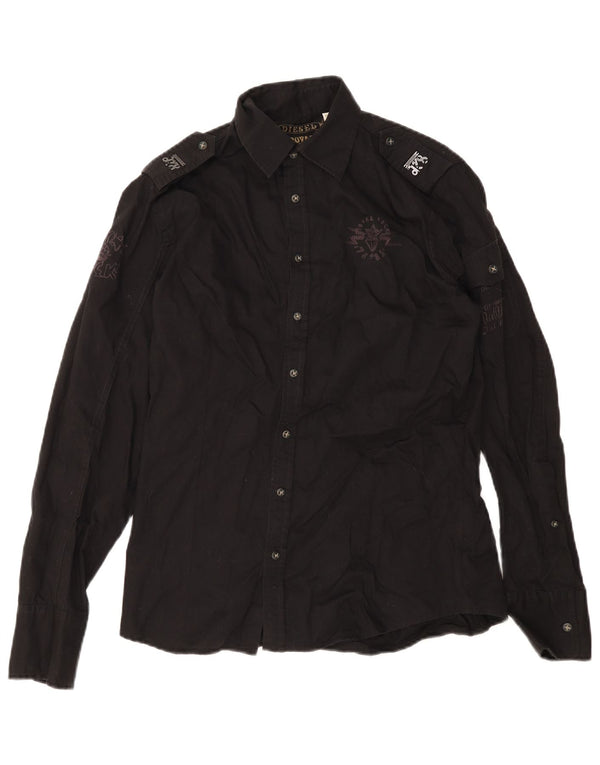 Diesel Mens Graphic Military Shirt Medium Black Cotton
