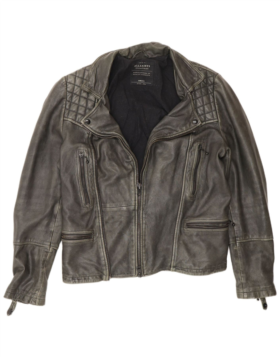All Saints Mens Biker Leather Jacket UK 36 Small Grey