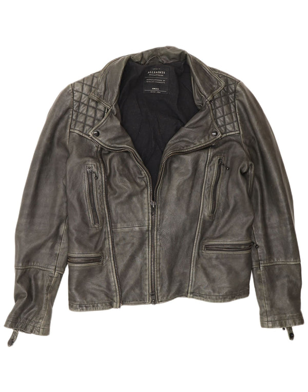 All Saints Mens Biker Leather Jacket UK 36 Small Grey