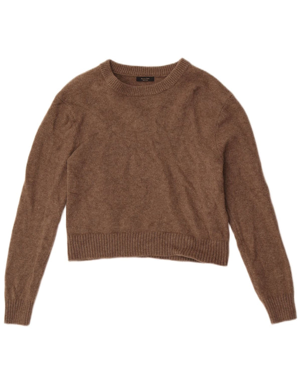 Massimo Dutti Womens Crop Boat Neck Jumper Sweater UK 14 Large Brown Wool