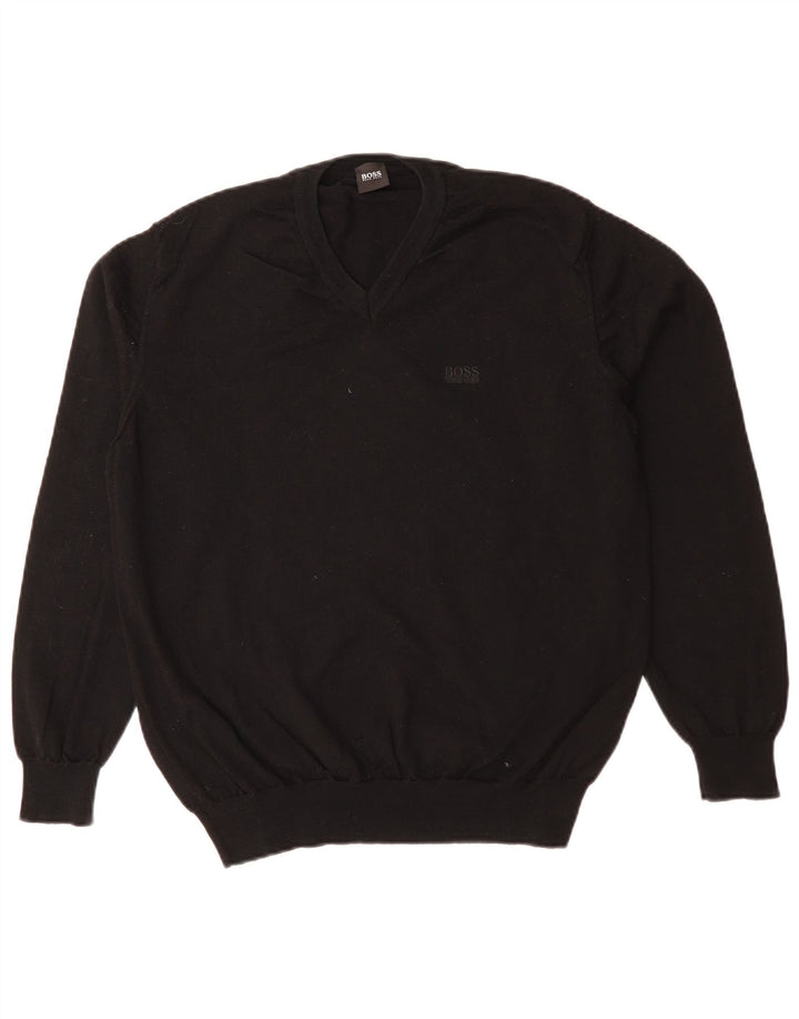 HUGO BOSS Mens V-Neck Jumper Sweater Medium Black