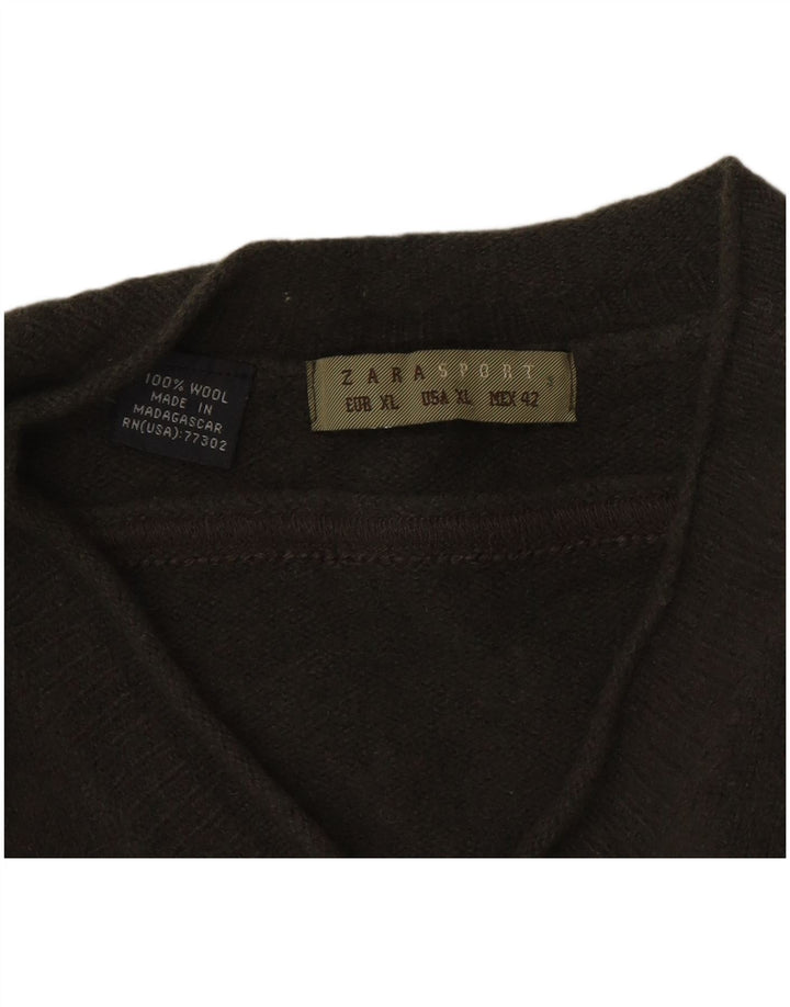 Zara Mens V-Neck Jumper Sweater XL Khaki Wool