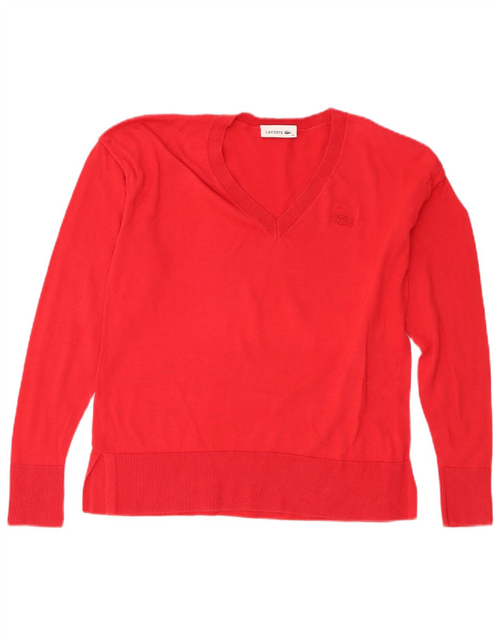 Lacoste Womens V-Neck Jumper Sweater Size 36 Small Red