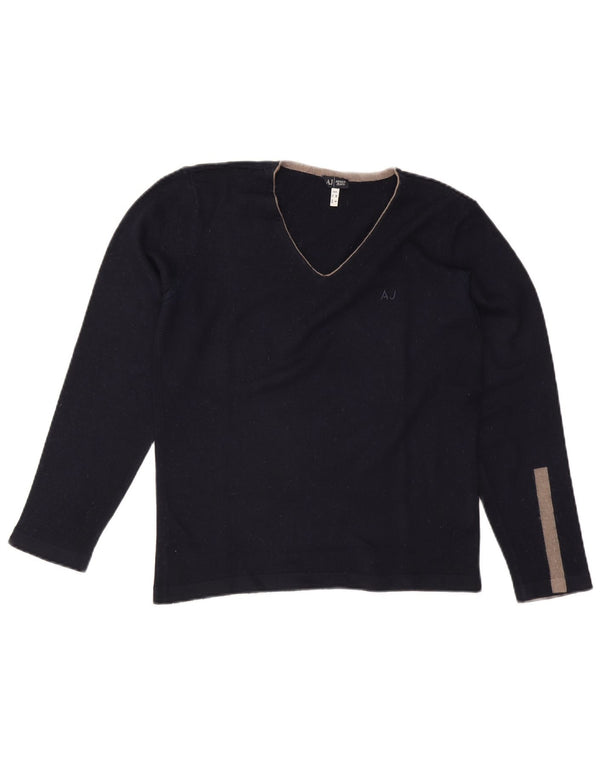 Armani Jeans Mens V-Neck Jumper Sweater Medium Navy Blue Colourblock Wool