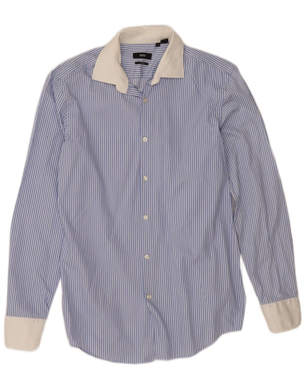 Hugo Boss Mens Slim Fit Shirt Size 39 15 1/2 Medium Blue Pinstripe Cotton