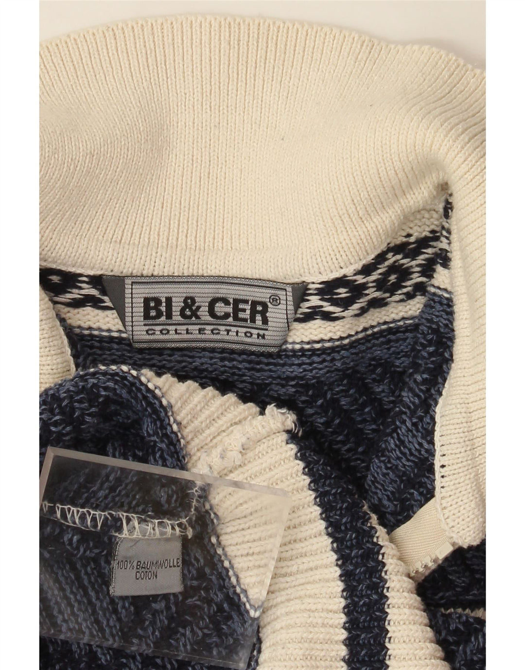 VINTAGE Mens Polo Neck Jumper Sweater Medium Navy Blue Fair Isle Cotton