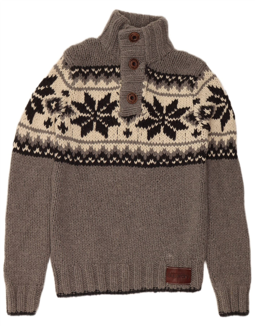 SUPERDRY Mens Button Neck Jumper Sweater Large Grey Fair Isle Wool