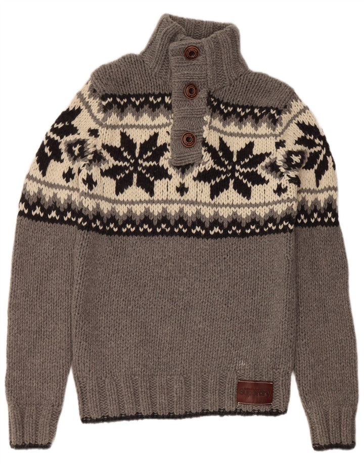 SUPERDRY Mens Button Neck Jumper Sweater Large Grey Fair Isle Wool