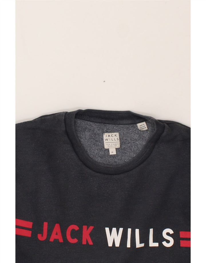 JACK WILLS Mens Graphic Sweatshirt Jumper Medium Navy Blue Cotton Vintage Jack Wills and Second-Hand Jack Wills from Messina Hembry 
