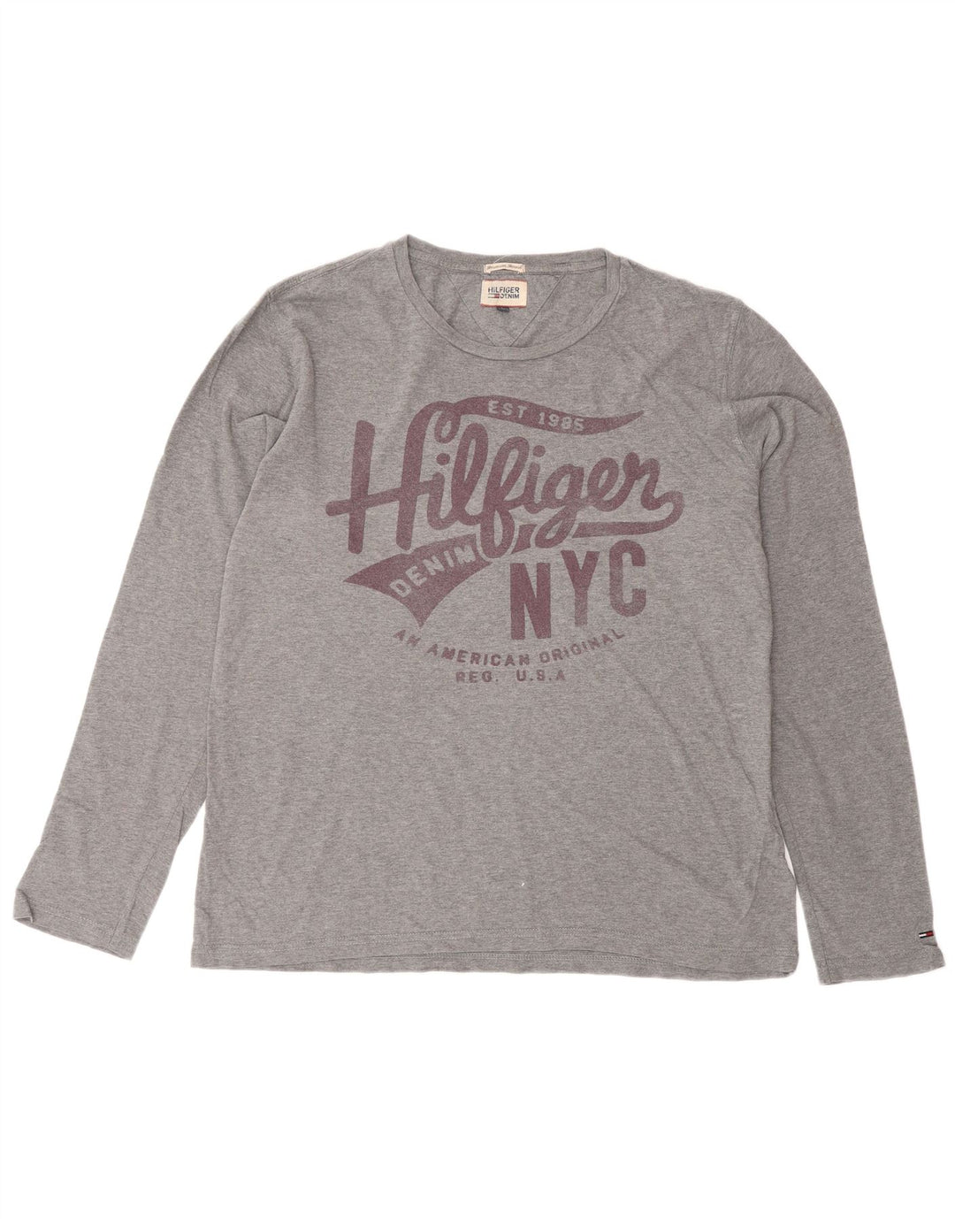 TOMMY HILFIGER Mens Graphic Top Long Sleeve Large Grey Cotton