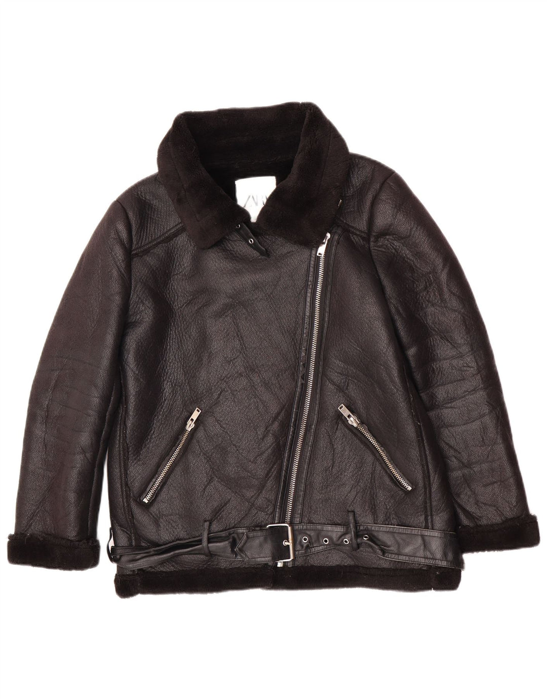 Zara Womens Faux Leather Sherpa Jacket UK 14 Medium Black Polyurethane