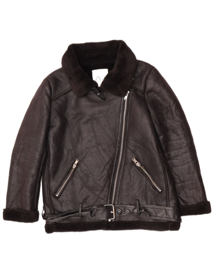 Zara Womens Faux Leather Sherpa Jacket UK 14 Medium Black Polyurethane