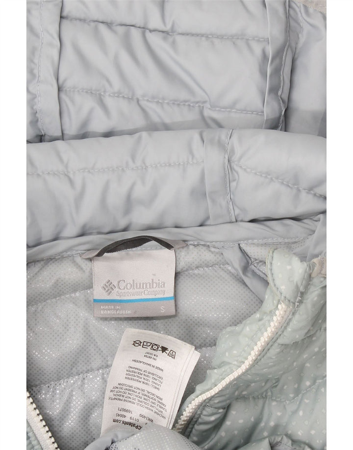 COLUMBIA Womens Hooded Padded Jacket UK 10 Small Blue Spotted Polyester Vintage Columbia and Second-Hand Columbia from Messina Hembry 